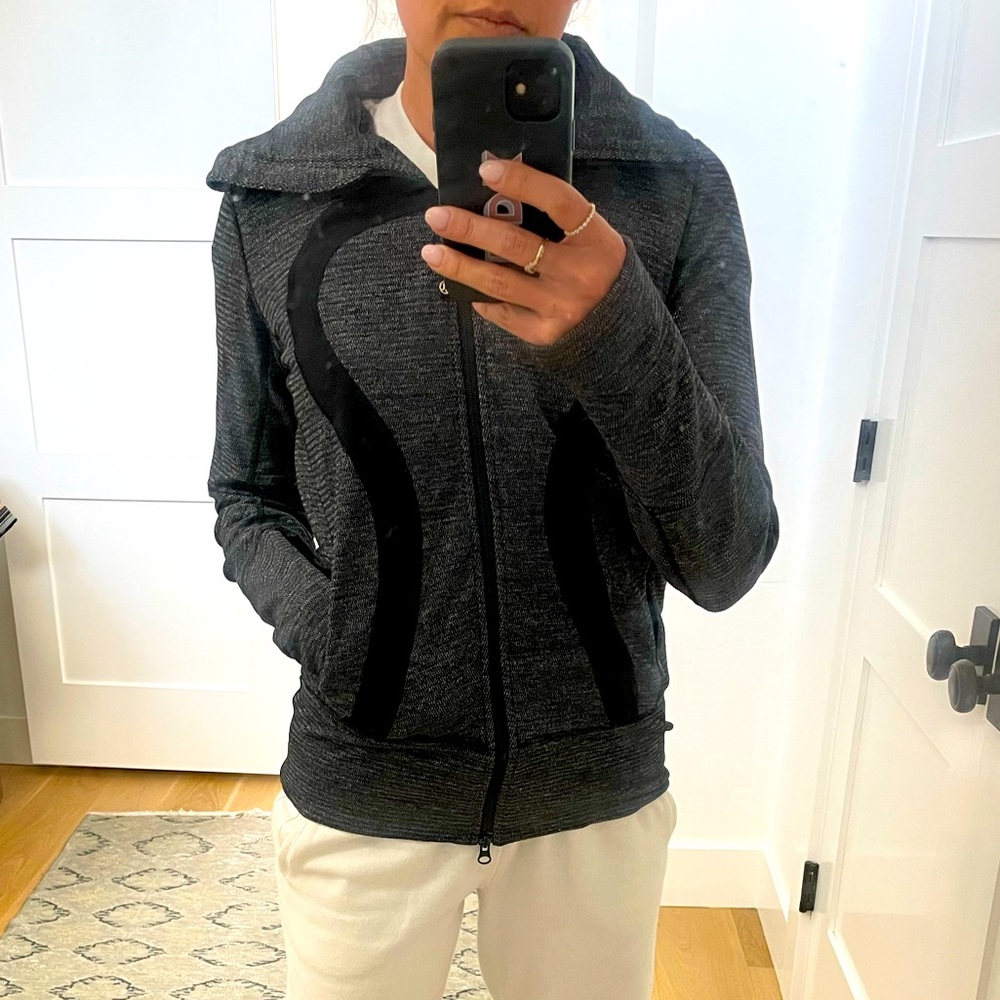 Gray and black hooded Lululemon zip up